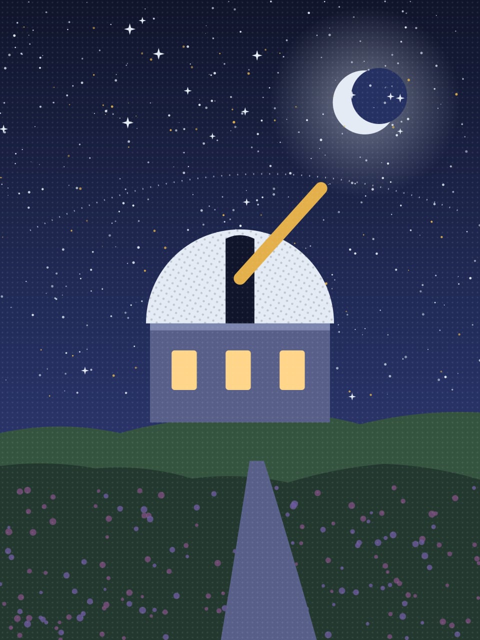 A domed observatory on a moor under a starry sky